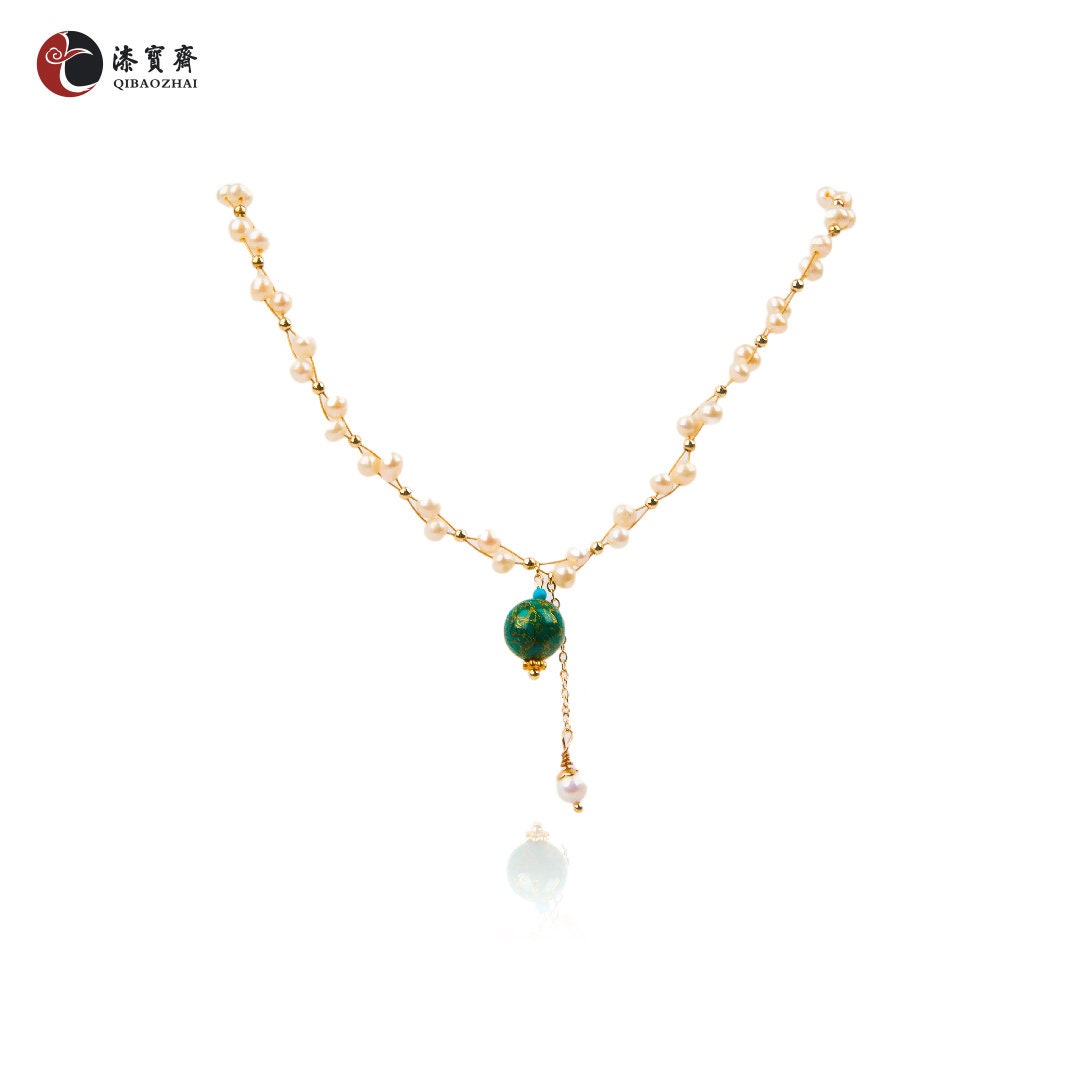 Jewelry/1cm diameter lacquer ball & natural pearls/18K gold plated necklace (23cm - 28 cm adjustable)/Green