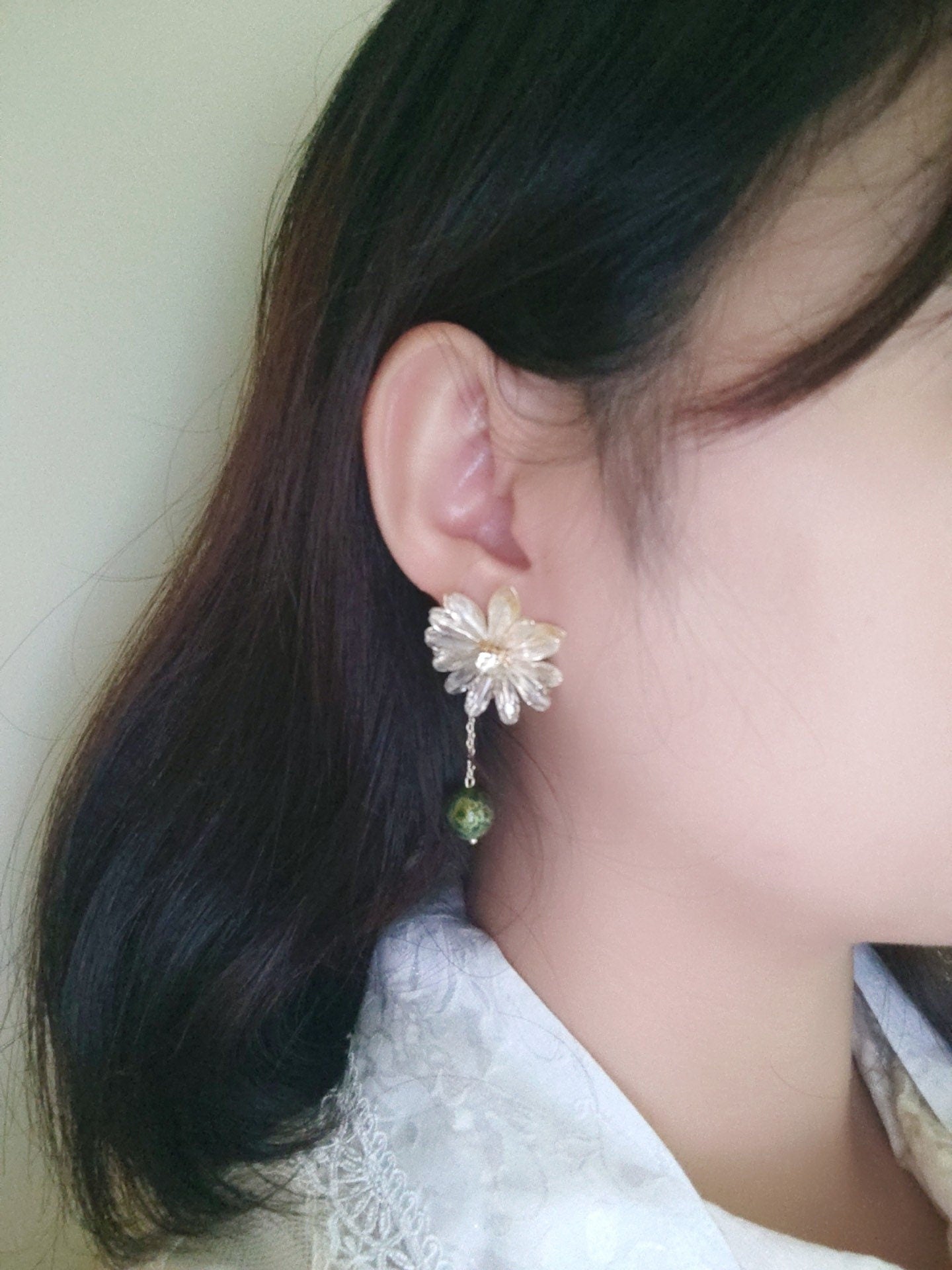 Jewelry/Lacquer earrings (6.5cm X 1.0cm)/preserved fresh flower/Crystal/18K gold plated