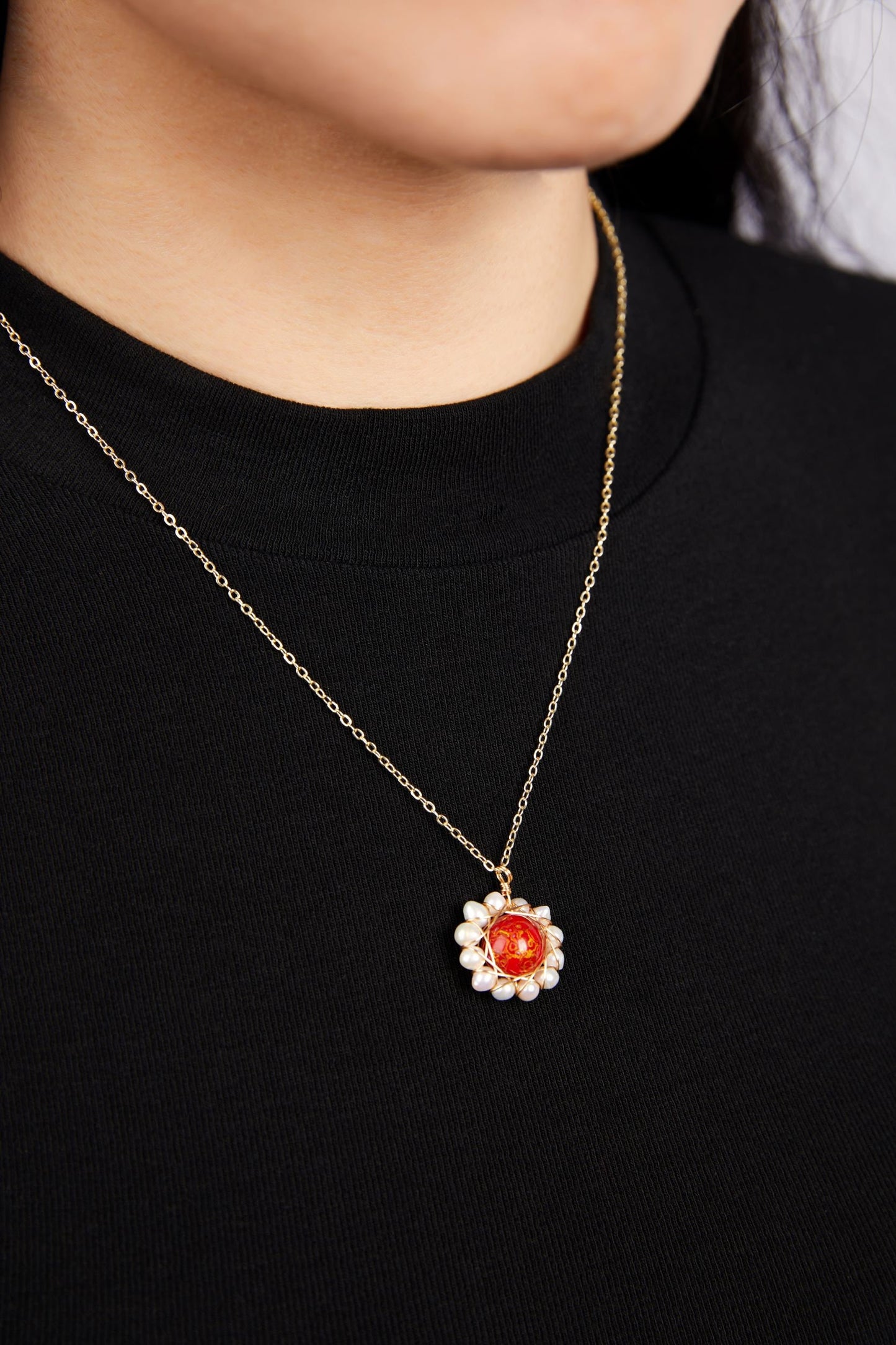 Jewelry/2cm diameter lacquer ball & natural pearls/18K gold plated necklace (24cm - 28 cm adjustable)/multiple-color sunflowers