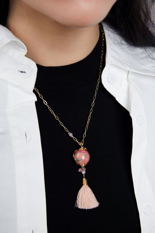 Jewelry/1cm diameter lacquer ball & natural pearls/18K gold plated necklace (42.5cm X 2cm)/Pink