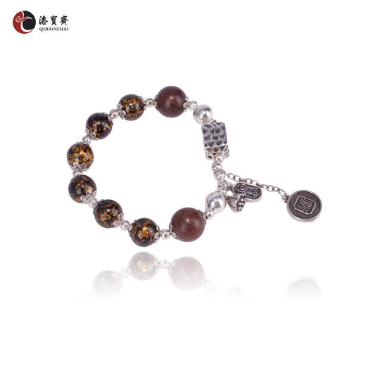 Jewelry/Lacquer bracelet (10cm X 6.5cm)/Black and golden lacquer ball/925 silver/Lotus/Dice/Coin