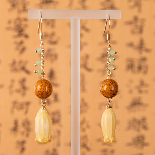Jewelry/Lacquer earrings (6.3cm X 1.0cm)/Orange lacquer ball with preserved fresh flower/18K gold filled