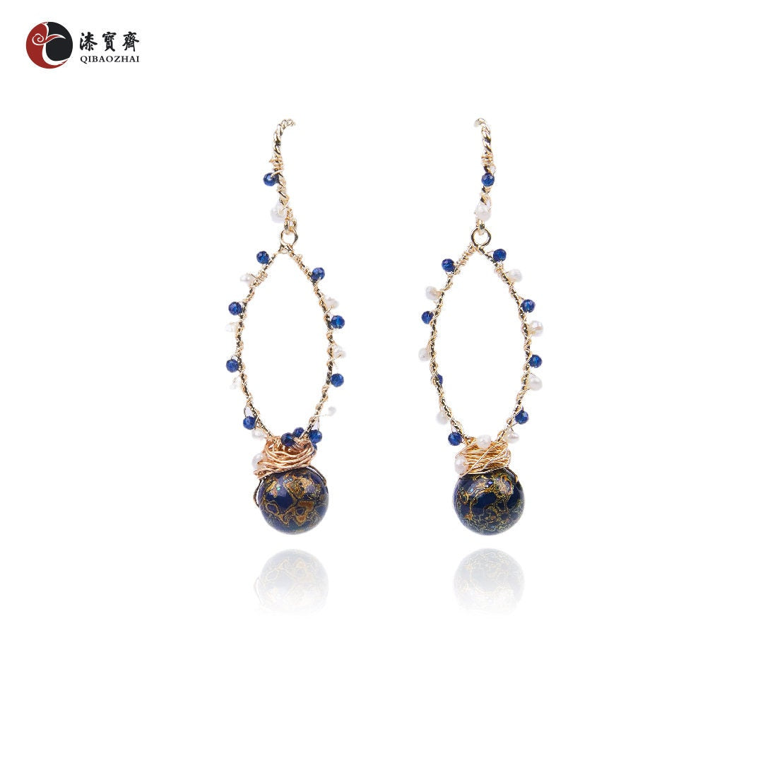 Jewelry/Lacquer earrings (6.0cm X 1.0cm)/Lacquer ball/Natural pearls/18K gold plated/Blue and gold