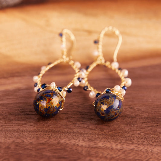 Jewelry/Lacquer earrings (6.0cm X 1.0cm)/Lacquer ball/Natural pearls/18K gold plated/Blue and gold