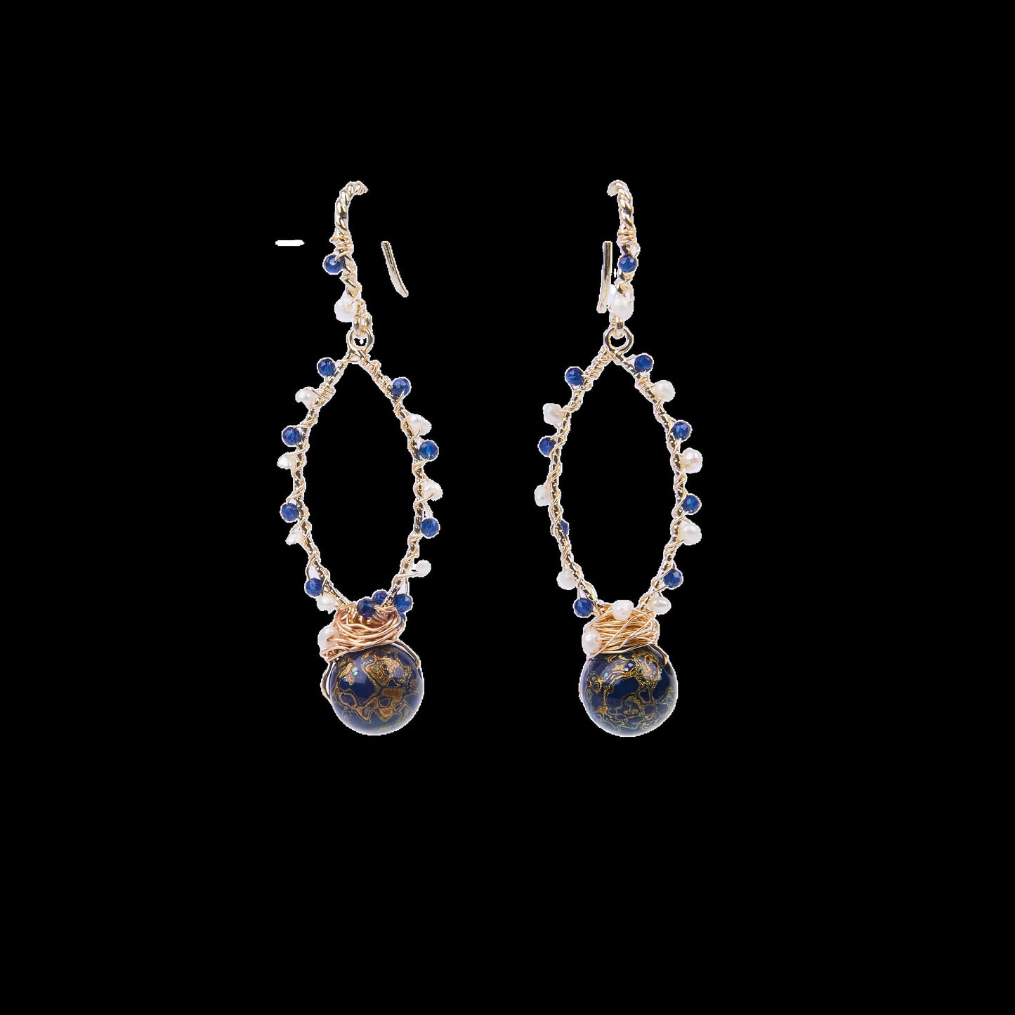 Jewelry/Lacquer earrings (6.0cm X 1.0cm)/Lacquer ball/Natural pearls/18K gold plated/Blue and gold