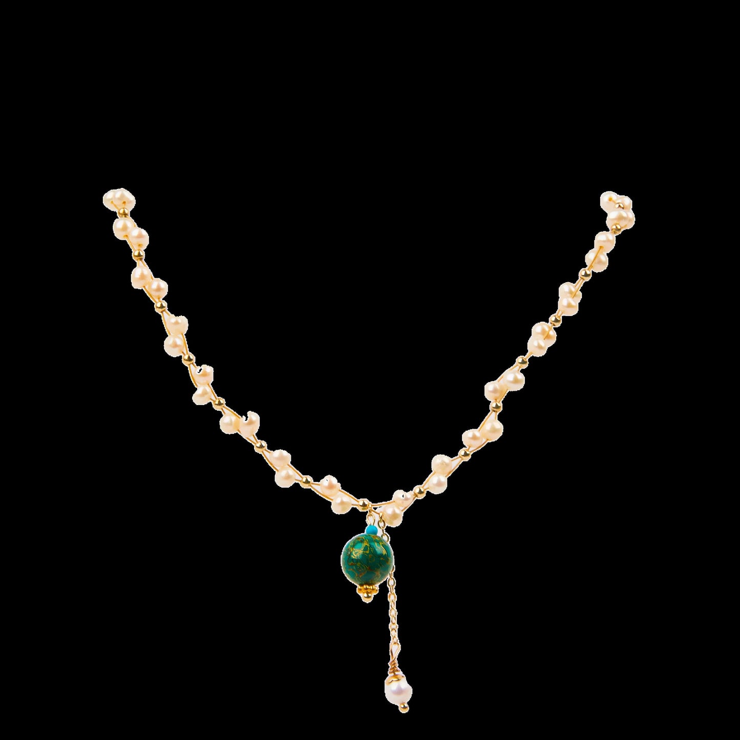 Jewelry/1cm diameter lacquer ball & natural pearls/18K gold plated necklace (23cm - 28 cm adjustable)/Green