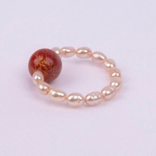 Jewelry/Red lacquer ball rings (2.5cm X 2.5cm)/Natural white pearls/18K gold plated ring